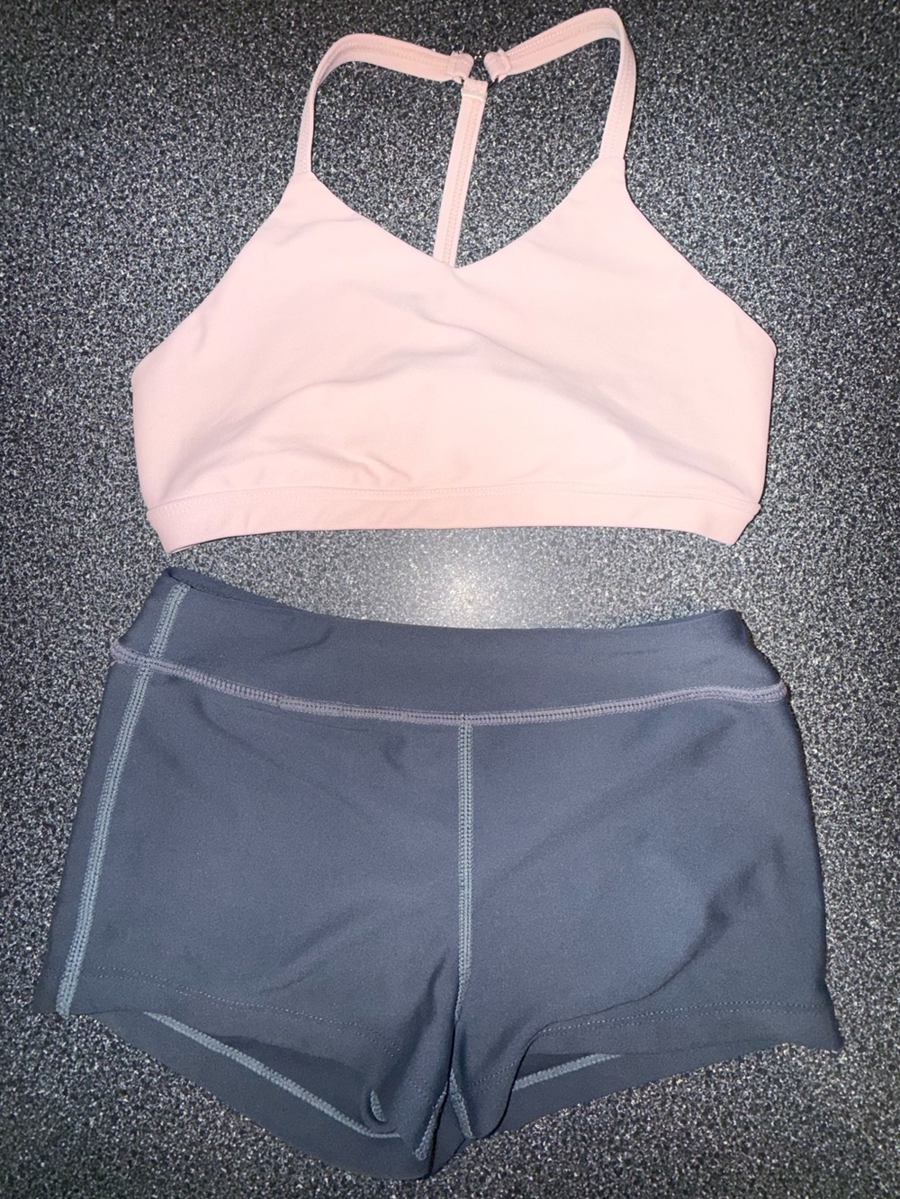 Oh La La Dance Set, Pale Pink Crop Top & Charcoal Shorts Size Child Medium.